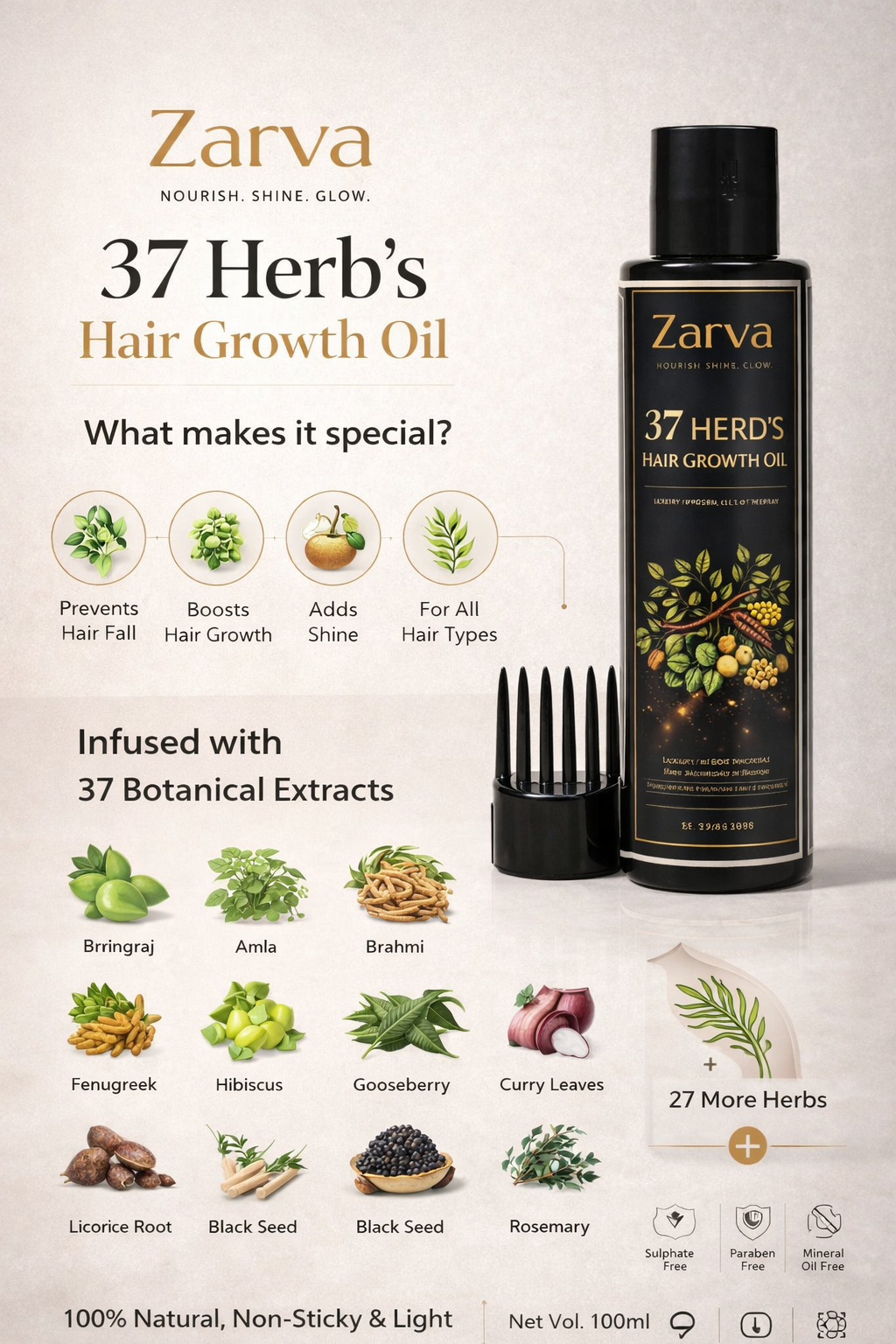 Zarva 37 Herbs Hair Growth Oil – Anti Hair Fall Ayurvedic Oil (100 ml) ( 3 Combo )